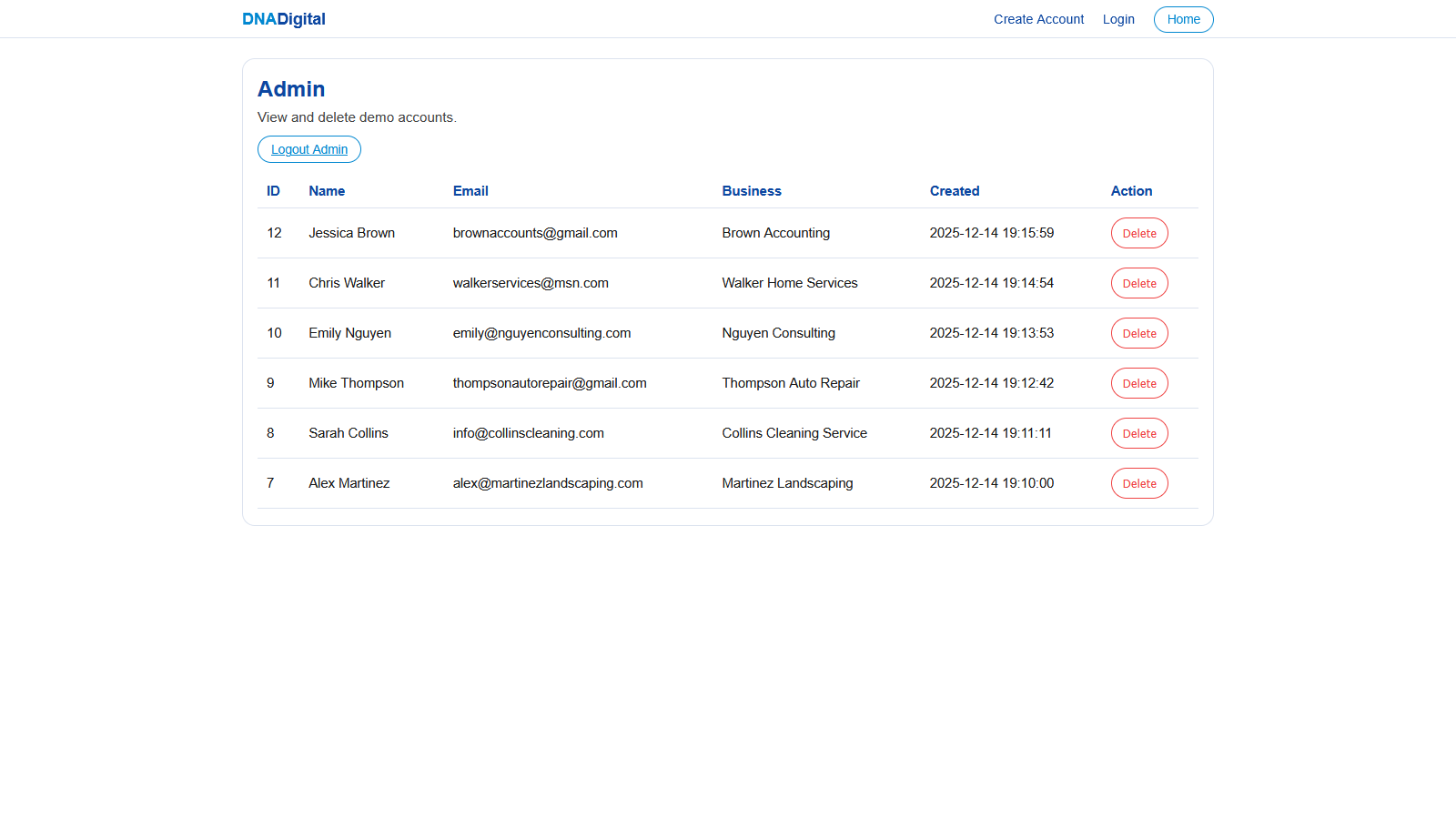 Admin dashboard demo showing account list and delete controls